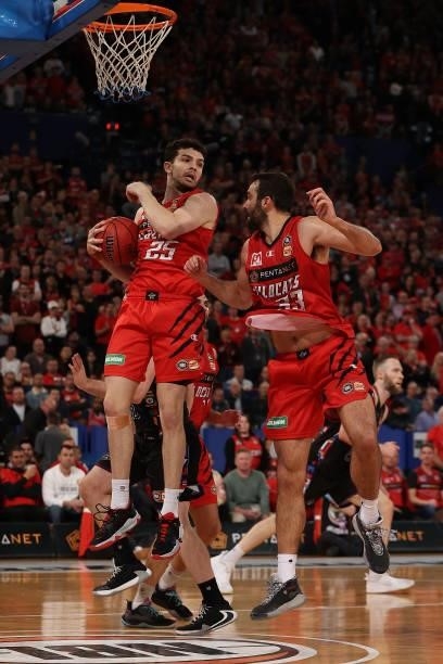 Corey Shervill of the Wildcats rebounds during game two of the NBL Grand Final Series between the Perth Wildcats and Melbourne United at RAC Arena,...