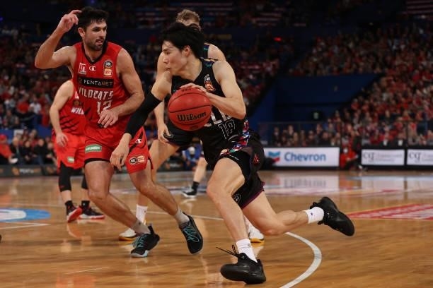 Yudai Baba of Melbourne United drives to the key during game two of the NBL Grand Final Series between the Perth Wildcats and Melbourne United at RAC...