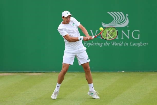 Kamil Majchrzak of Poland hits a backhand in the Finals match against Alex Bolt of Australia during ATP Challenger Final of the Nottingham Trophy at...