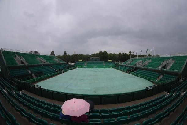 Rain brings a stoppage in play during ATP Challenger Final of the Nottingham Trophy at Nottingham Tennis Centre on June 20, 2021 in Nottingham,...