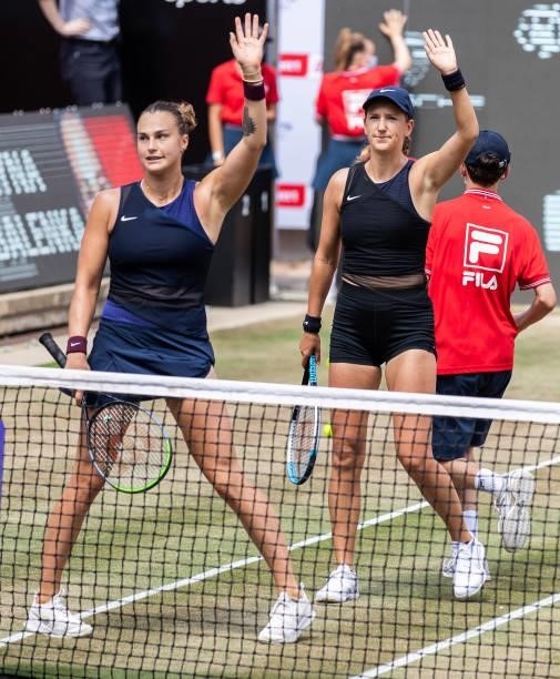 Victoria Azarenka and Aryna Sabalenka of Belarus celebrate after winning the women's doubles final match against Demi Schuurs of Netherlands and...