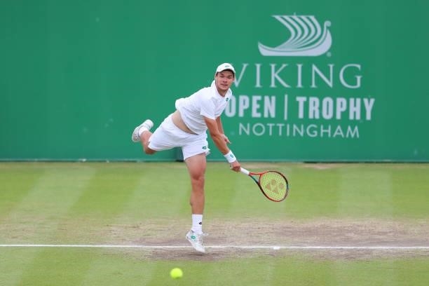 Kamil Majchrzak of Poland hits a forehand in the Finals match against Alex Bolt of Australia during ATP Challenger Final of the Nottingham Trophy at...