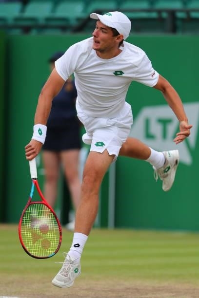 Kamil Majchrzak of Poland serves in the Finals match against Alex Bolt of Australia during ATP Challenger Final of the Nottingham Trophy at...