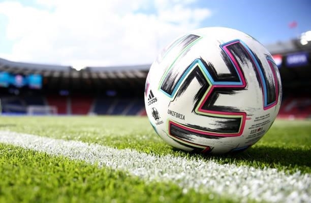 Detailed view of a match ball during the UEFA Euro 2020 Championship Group D match between Croatia and Czech Republic at Hampden Park on June 18,...