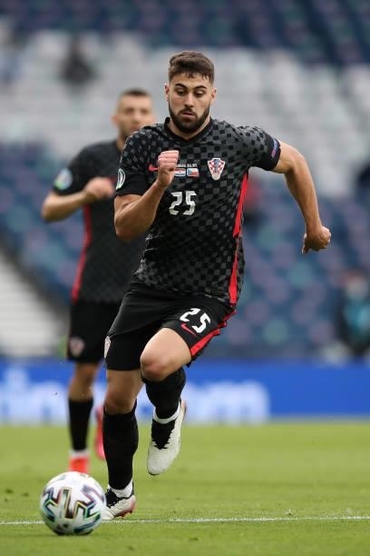 Josko Gvardiol of Croatia in action during the UEFA Euro 2020 Championship Group D match between Croatia and Czech Republic at Hampden Park on June...