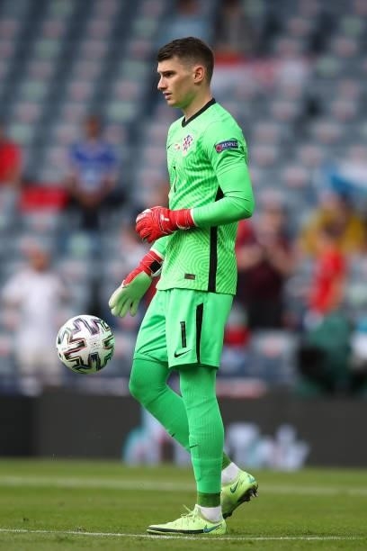 Dominik Livakovic of Croatia in action during the UEFA Euro 2020 Championship Group D match between Croatia and Czech Republic at Hampden Park on...