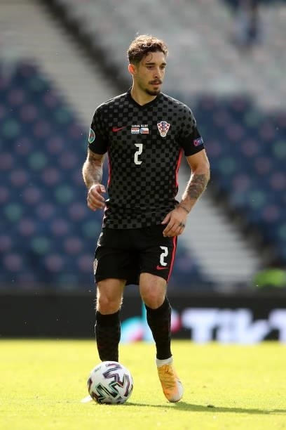 Sime Vrsaljko of Croatia in action during the UEFA Euro 2020 Championship Group D match between Croatia and Czech Republic at Hampden Park on June...