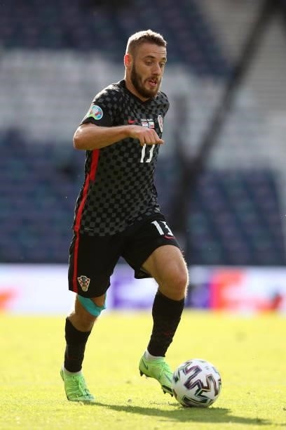 Nikola Vlasic of Croatia in action during the UEFA Euro 2020 Championship Group D match between Croatia and Czech Republic at Hampden Park on June...