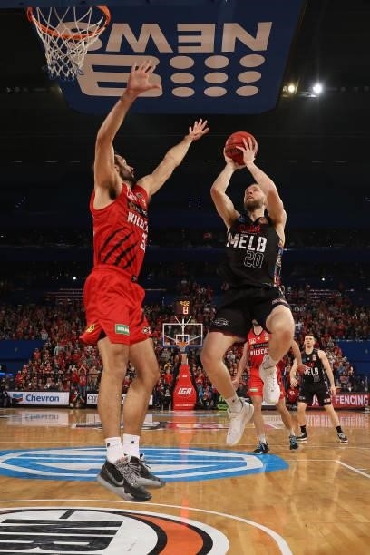 David Barlow of Melbourne United puts a shot up during game two of the NBL Grand Final Series between the Perth Wildcats and Melbourne United at RAC...