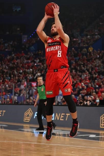 Mitchell Norton of the Wildcats puts a shot up during game two of the NBL Grand Final Series between the Perth Wildcats and Melbourne United at RAC...