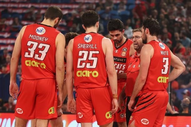 Trevor Gleeson, coach of the Wildcats addresses his players during game two of the NBL Grand Final Series between the Perth Wildcats and Melbourne...