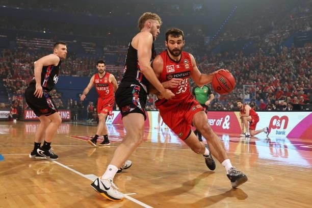 John Mooney of the Wildcats drives to the key against Jock Landale of Melbourne United during game two of the NBL Grand Final Series between the...