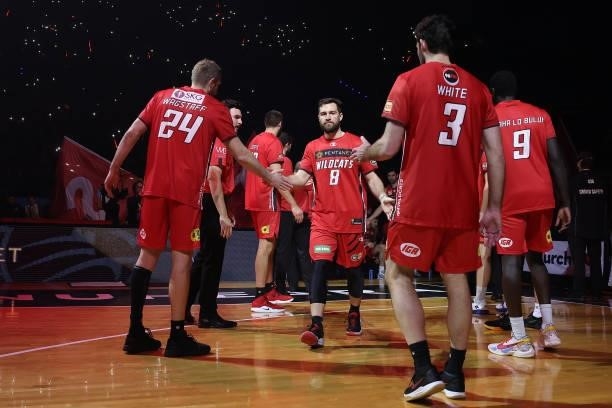 Mitchell Norton of the Wildcats is introduced onto the court for the starting five during game two of the NBL Grand Final Series between the Perth...