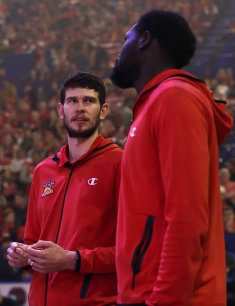 Clint Steindl and Majok Majok of the Wildcats talk before the start of game two of the NBL Grand Final Series between the Perth Wildcats and...