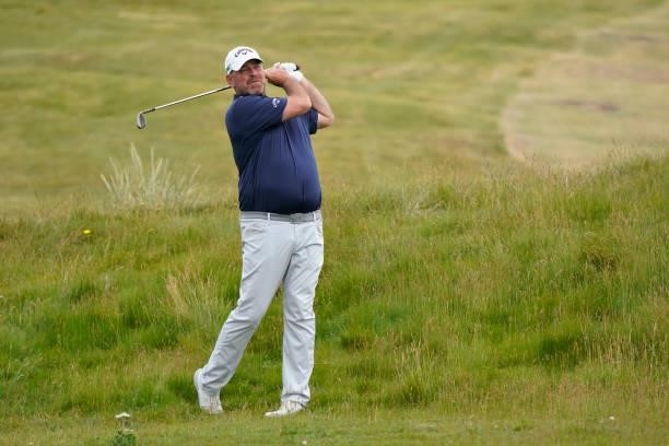 Thomas Bjorn of Denmark in action during the final round of the Farmfoods European Legends Links Championship at Trevose Golf & Country Club on June...