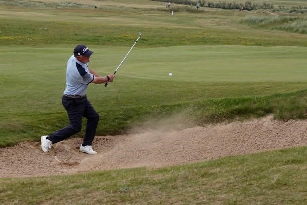 Peter Baker of England in action during the final round of the Farmfoods European Legends Links Championship at Trevose Golf & Country Club on June...