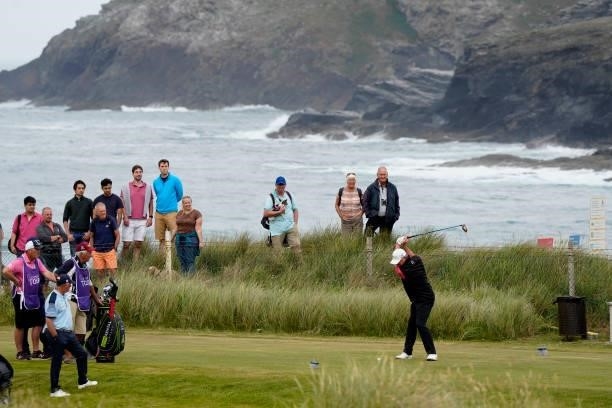 Paul Lawrie of Scotland in action during the final round of the Farmfoods European Legends Links Championship at Trevose Golf & Country Club on June...