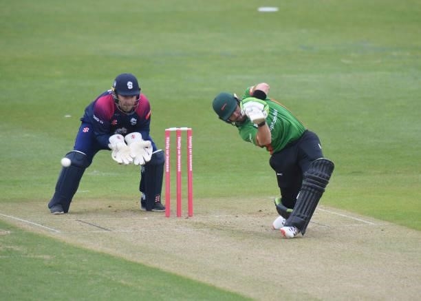 Josh Inglis of Leicester Foxes bats during the Vitality T20 Blast match between Steelbacks and Leicester Foxes at The County Ground on June 20, 2021...