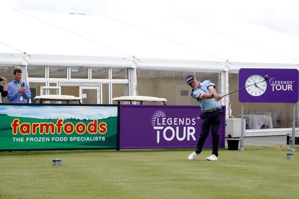 Peter Baker of England in action during the final round of the Farmfoods European Legends Links Championship at Trevose Golf & Country Club on June...
