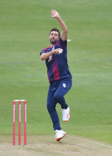 Ben Sanderson of Steelbacks bowls during the Vitality T20 Blast match between Steelbacks and Leicester Foxes at The County Ground on June 20, 2021 in...