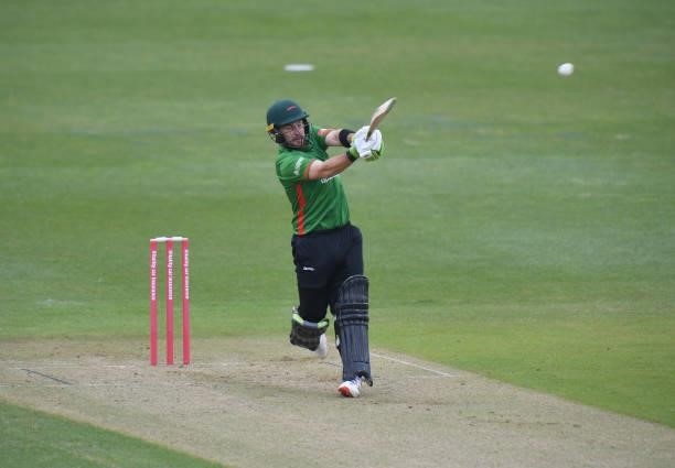 Josh Inglis of Leicestershire Foxes hits a six during the Vitality T20 Blast match between Steelbacks and Leicestershire Foxes at The County Ground...