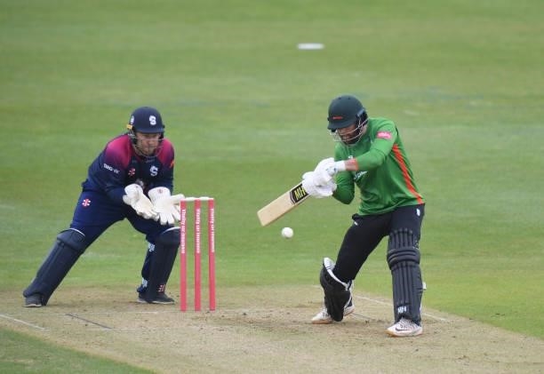 Arron Lilley of Leicestershire Foxes bats during the Vitality T20 Blast match between Steelbacks and Leicestershire Foxes at The County Ground on...