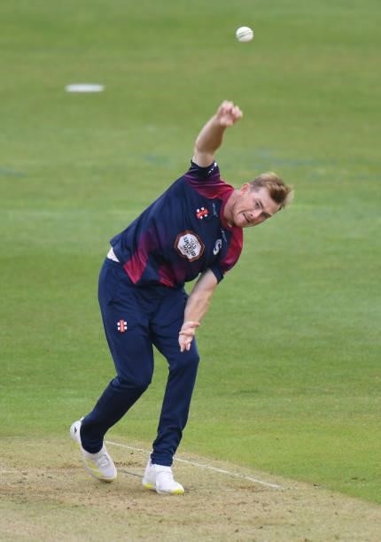 Tom Taylor of Steelbacks bowls during the Vitality T20 Blast match between Steelbacks and Leicestershire Foxes at The County Ground on June 20, 2021...