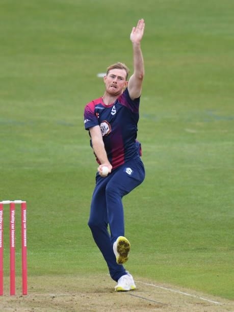 Tom Taylor of Steelbacks bowls during the Vitality T20 Blast match between Steelbacks and Leicestershire Foxes at The County Ground on June 20, 2021...