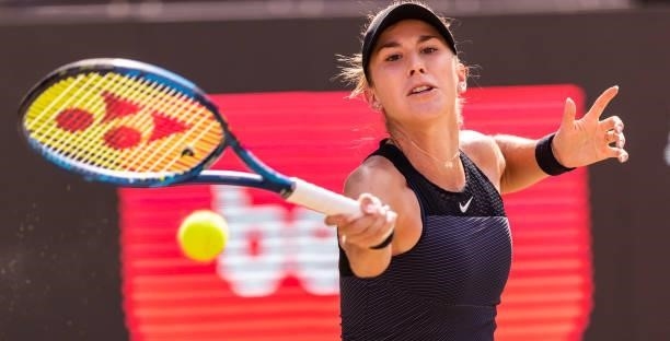 Belinda Bencic of Switzerland hits a forehand against Liudmila Samsonova of Russia in the women's singles final match during day 9 of the bett1open...