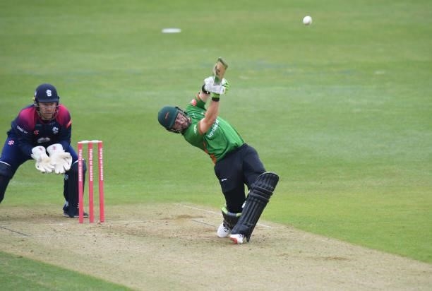Josh Inglis of Leicestershire Foxes hits a six during the Vitality T20 Blast match between Steelbacks and Leicestershire Foxes at The County Ground...