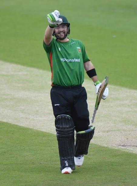 Josh Inglis of Leicestershire Foxes celebrates scoring his century during the Vitality T20 Blast match between Steelbacks and Leicestershire Foxes at...