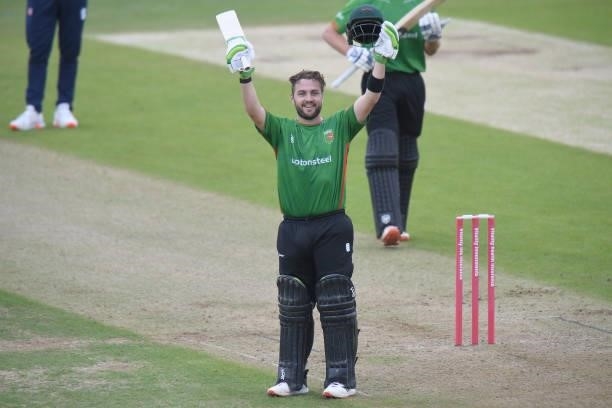 Josh Inglis of Leicestershire Foxes celebrates scoring his century during the Vitality T20 Blast match between Steelbacks and Leicestershire Foxes at...