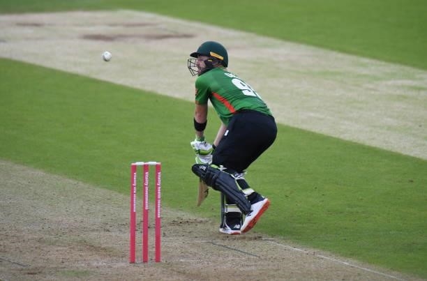 Josh Inglis of Leicestershire Foxes bats to score his century during the Vitality T20 Blast match between Steelbacks and Leicestershire Foxes at The...