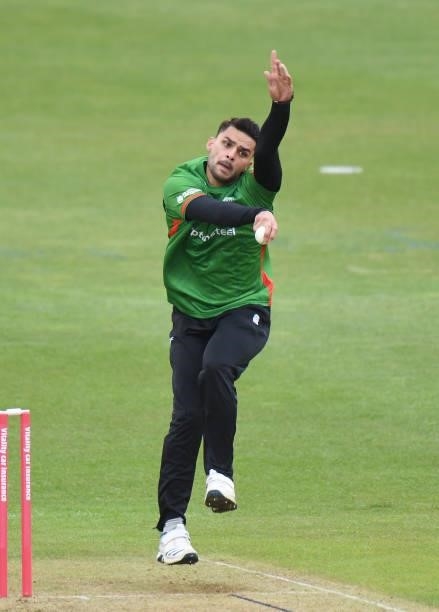 Naveen-ul-Haq of Leicestershire Foxes bowls during the Vitality T20 Blast match between Steelbacks and Leicestershire Foxes at The County Ground on...