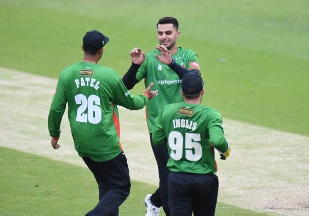 Naveen-ul-Haq of Leicestershire Foxes celebrates taking the wicket of Ricardo Vasconcelos of Steelbacks during the Vitality T20 Blast match between...