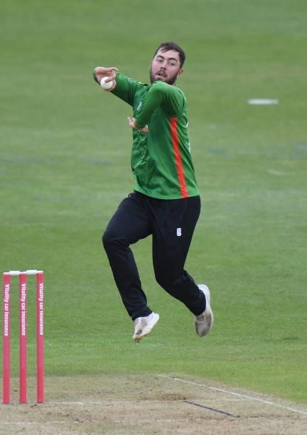 Scott Steel of Leicestershire Foxes bowls during the Vitality T20 Blast match between Steelbacks and Leicestershire Foxes at The County Ground on...
