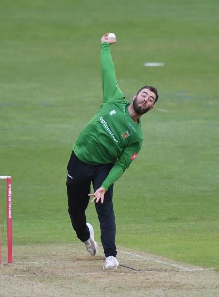 Scott Steel of Leicestershire Foxes bowls during the Vitality T20 Blast match between Steelbacks and Leicestershire Foxes at The County Ground on...
