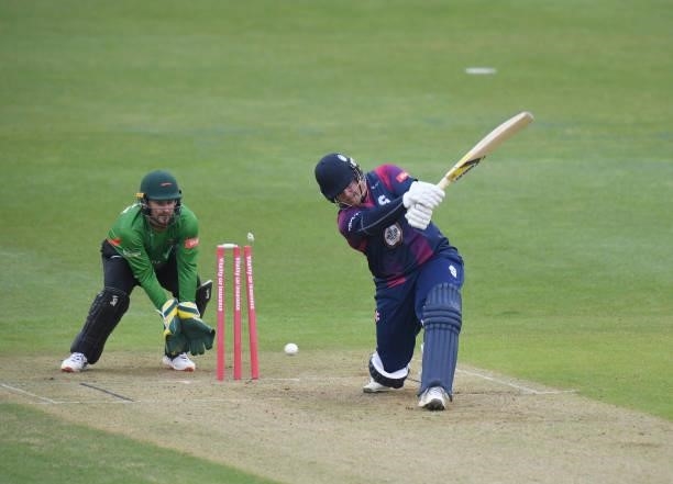 Richard Levi of Steelbacks is bowled out by Colin Ackermann of Leicestershire Foxes during the Vitality T20 Blast match between Steelbacks and...