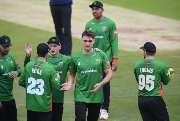 Gavin Griffiths of Leicestershire Foxes celbrates taking the wicket of Wayne Parnell of Steelbacks bats during the Vitality T20 Blast match between...