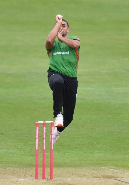 Ben Mike of Leicestershire Foxes bowls during the Vitality T20 Blast match between Steelbacks and Leicestershire Foxes at The County Ground on June...
