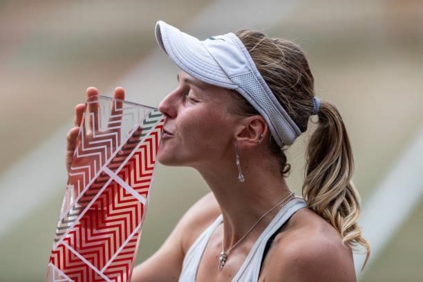 Liudmila Samsonova of Russia kisses the trophy after winning the women's singles final match against Belinda Bencic of Switzerland during day 9 of...