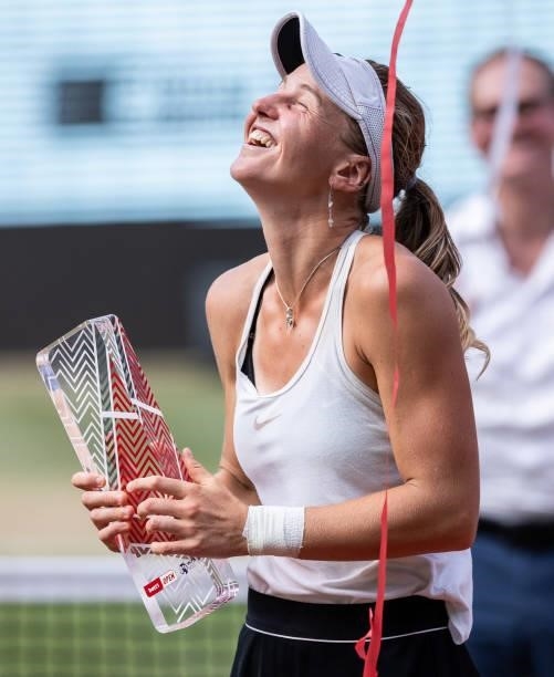 Liudmila Samsonova of Russia celebrates with the trophy after winning the women's singles final match against Belinda Bencic of Switzerland during...