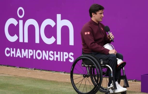 Gordon Reid of Great Britain winner of the wheelchair finals against Gustavo Fernández of Argentina during Day 7 of The cinch Championships at The...