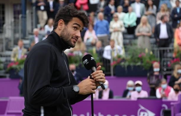 Matteo Berrettini of Italy talks to the media after winning the The cinch Championships during Day 7 of The cinch Championships at The Queen's Club...