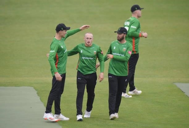Callum Parkinson of Leicestershire Foxes celebrates taking the wicket of Mohammed Nabi of Steelbacks bats during the Vitality T20 Blast match between...