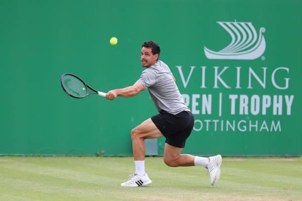 Alex Bolt of Australia in action during the ATP Challenger Final of the Nottingham Trophy at Nottingham Tennis Centre on June 20, 2021 in Nottingham,...