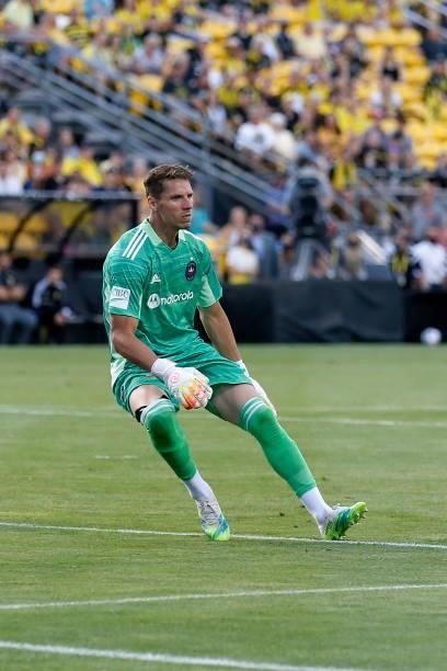 Bobby Shuttleworth of the Chicago Fire FC runs out to block a shot during the match against the Columbus Crew on June 19, 2021 in Columbus, Ohio.