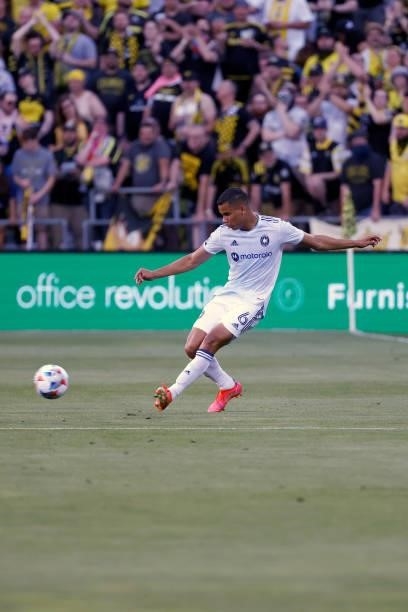 Miguel Navarro of the Chicago Fire FC controls the ball during the match agains the Columbus Crew on June 19, 2021 in Columbus, Ohio. Columbus...