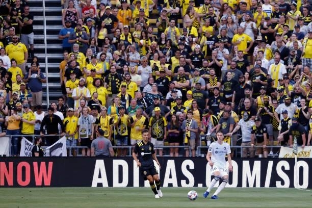 Brian Gutierrez of the Chicago Fire FC keeps the ball away from Pedro Santos of the Columbus Crew during the match on June 19, 2021 in Columbus, Ohio.