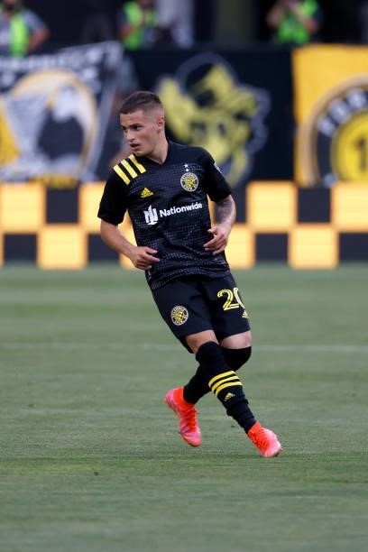 Alexandru Matan of the Columbus Crew runs after the ball during the match against the Chicago Fire FC on June 19, 2021 in Columbus, Ohio.